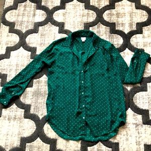 Long Sleeved Green Polka Dot Button-Down Blouse